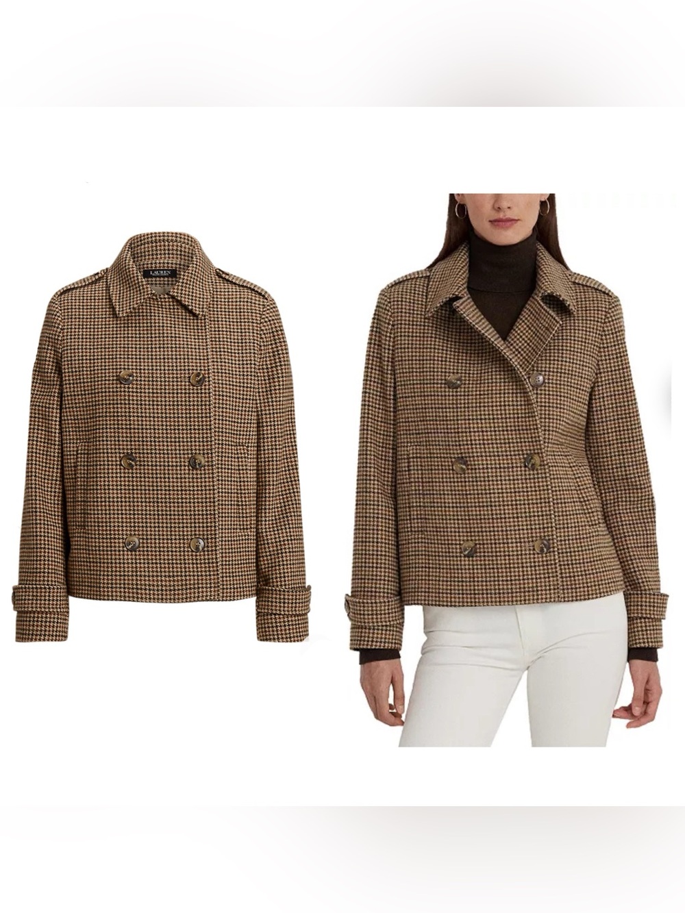 New Lauren Ralph Lauren houndstooth double breasted wool cropped pea coat sz 16